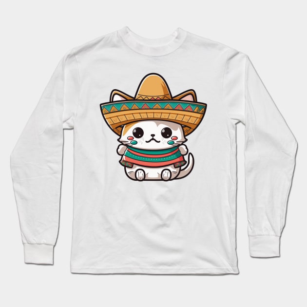 Cute Cat Wearing a Sombrero Hat Long Sleeve T-Shirt by AI Art Originals